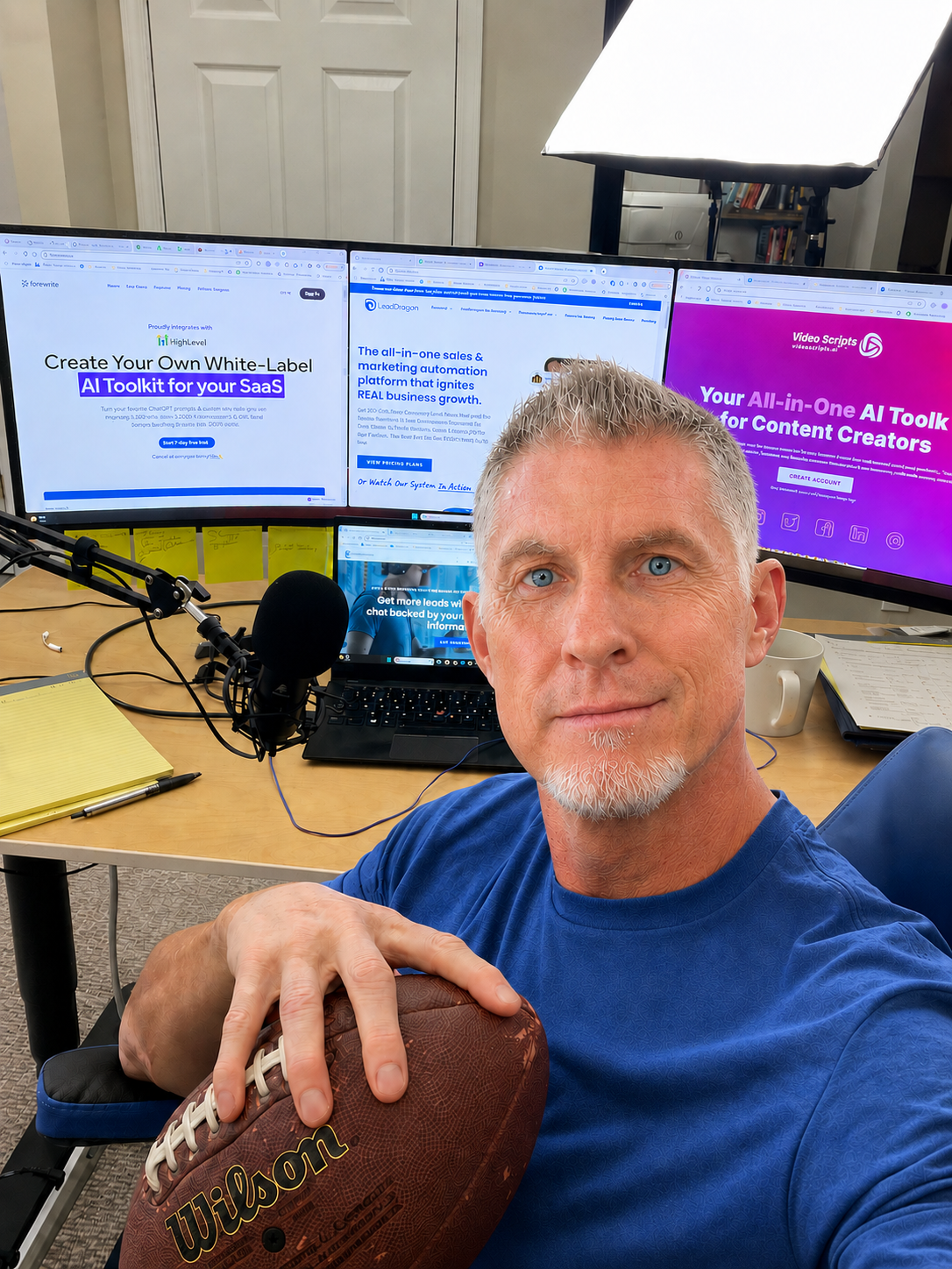 Shawn Greenway at his desk with marketing dashboards on the monitors and a football in hand